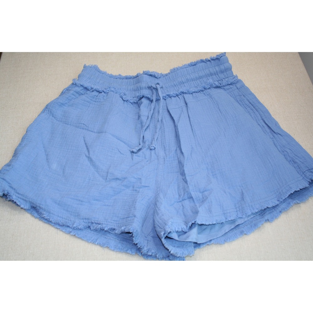 Liam & Co Womens Blue Gauze Frayed Hem Smocked Waist Drawstring Shorts Large